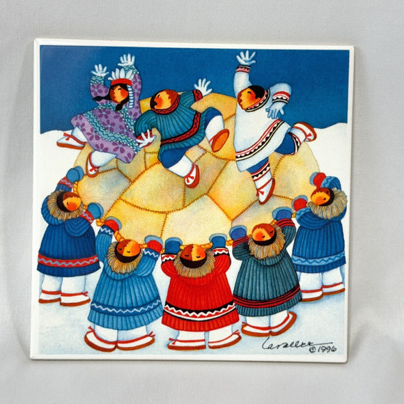 Barbara Lavallee Eskimo Tile Trivet Wall Hanging Vintage 1996 "Blanket Toss" - Picture 1 of 7